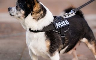 instinctive watchers depicted by alert small dog in police dog vest