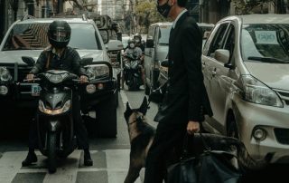 close-person protection dog walking next to a man in suit over a busy street