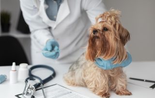 The Ultimate Guide to Dog Microchipping illustrated by a vet standing over a puppy